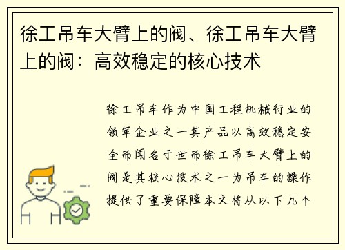 徐工吊车大臂上的阀、徐工吊车大臂上的阀：高效稳定的核心技术