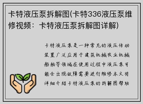 卡特液压泵拆解图(卡特336液压泵维修视频：卡特液压泵拆解图详解)